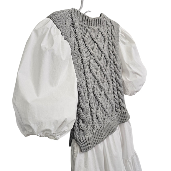 Anthropologie English Factory Wht/Gray Cable Knit Puff Sleeve Tier Ruffle Dress - Picture 9 of 17